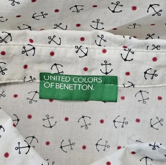 VTG Benetton Anchor Print Button Up Shirt Women S Nautical Coastal Preppy - Picture 5 of 8
